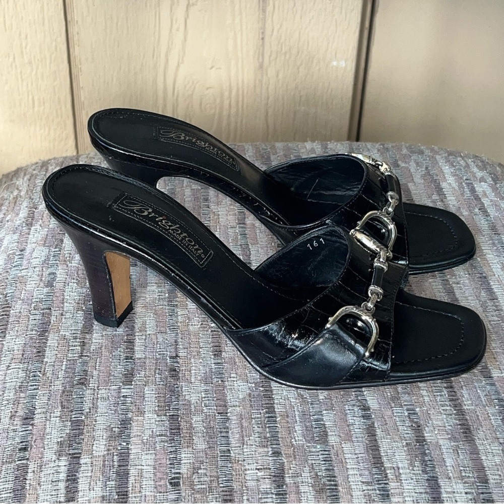 Brighton Black Leather Heeled Sandals Mules Size 7 Italy - Picture 5 of 6